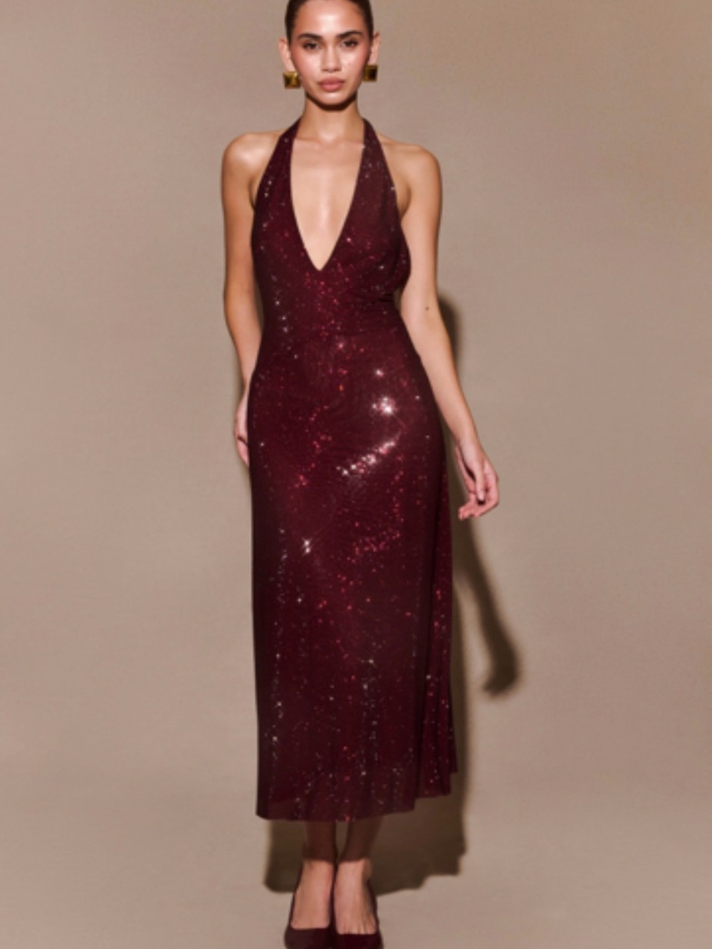 Meshki Burgundy Plunging Halter Sequin Midi Dress